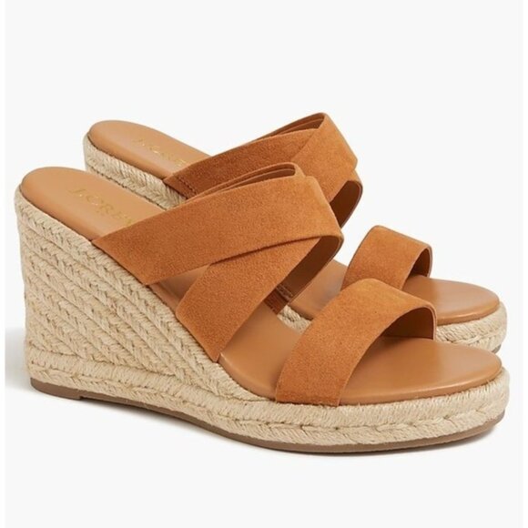 J.Crew Womens Espadrille Wedge Sandals Tan Suede Upper Size 12 Crossover Straps - Picture 1 of 8